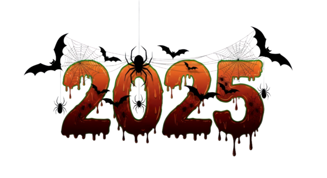 Halloween 2025 Spooky Text Design with Dripping Liquid, Spiders, Bats, and Spiderwebs for Holiday Celebrations and Graphic Art. isolated on transparent background. PNG Transparent Background