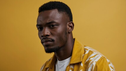 Obraz premium Handsome African man in plain yellow background, side view looking on the right