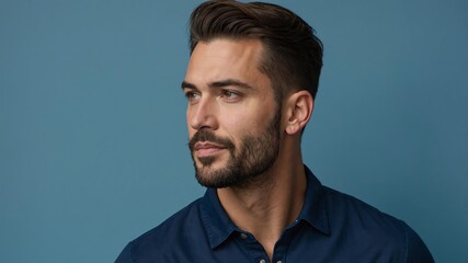 Handsome American man in plain blue background, side view looking on the right