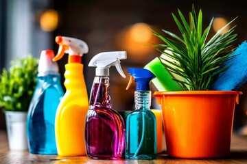 Cleaning supplies arranged on a wooden table with plants and sponges in a well-lit setting