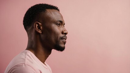 Obraz premium Handsome African man in plain pink background, side view looking on the right