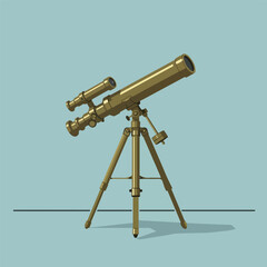 Brass telescope on tripod, blue background. Perfect for astronomy, exploration, adventure, or nautical themes in designs, presentations, or websites.