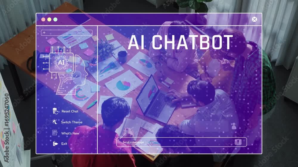 Poster a diverse team gathers in a modern office, brainstorming ideas for an ai chatbot project, analyzing 