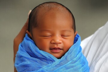 Newborn baby wrapped in blue fabric smiling joyfully under soft natural light in an outdoor setting