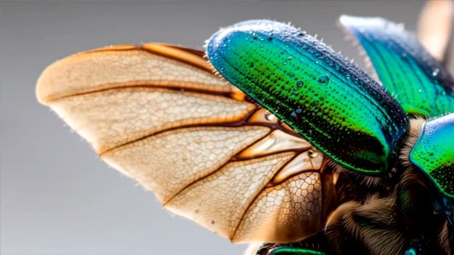 Extreme Macro View of a Green Beetle Wing and Elytra.