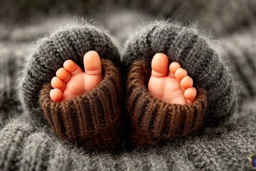 Sweet newborn feet cozy in knitted booties on a soft blanket, capturing the joy of new beginnings in a peaceful setting