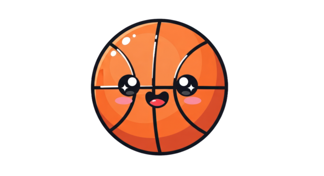 Cute Kawaii Cartoon Basketball Character with a Happy Smiling Face, Animated Sports Ball Illustration Isolated on a Transparent Background. isolated on transparent background. Transparent Object PNG