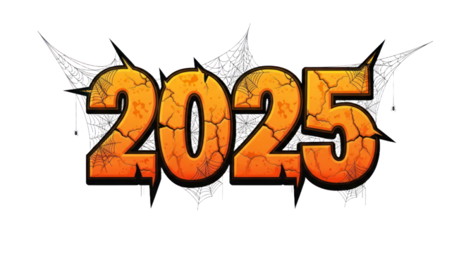 Halloween 2025 Spooky Cracked Numbers with Spiderwebs and Spider Illustration. isolated on transparent background. PNG Transparent Background