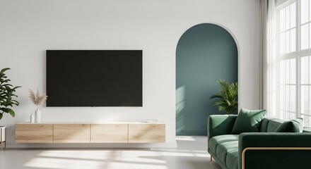 Serene modern living room sanctuary featuring a sleek entertainment center, plush emerald sofa, and tranquil arched entryway bathed in natural light.