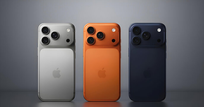 A trio of Apple iPhone 17 Pro smartphones in silver, orange, and blue, stunningly presented in a studio set up, showcasing the remarkable design and highly detailed tri-camera system