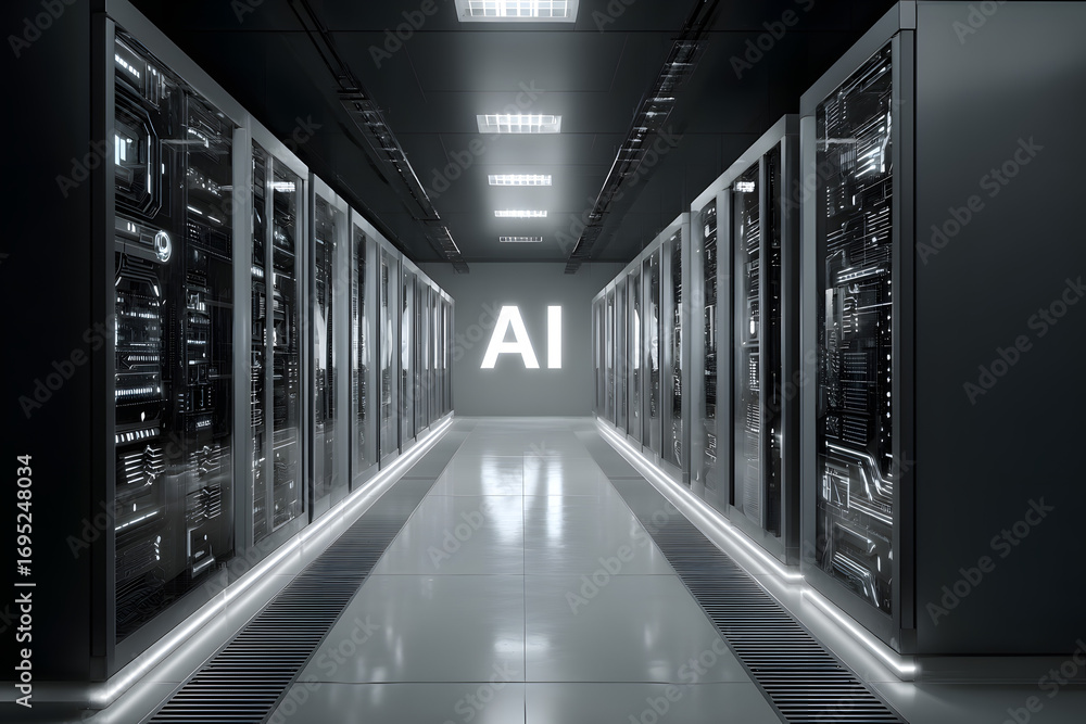 Aufkleber inside a dynamic data center with a central ai sign,illustrating the role of atificial intelligence 