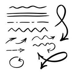 Set of hand-drawn marker arrows and lines. Vector elements for notes, highlights, comics, design, and infographics.