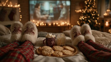 Cozy Winter Night Holiday Scene with warm Christmas slippers, cookies and watching TV by the tree.