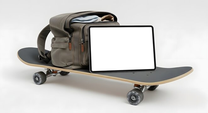 A creative display: a skateboard, backpack, and a digital tablet with a blank screen. 