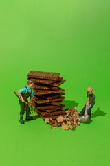 Miniature people makes a chocolate biscuit with a shovel on green background.
