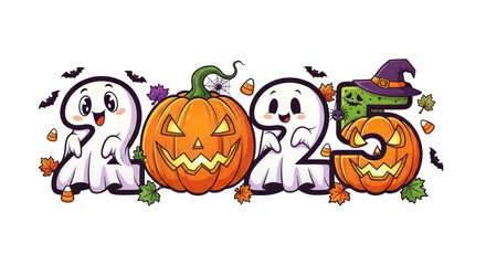 Cute Halloween 2025 illustration with cheerful ghosts, jack-o'-lanterns, bats, and candy corn, perfect for festive holiday designs and new year celebrations.. isolated on transparent background