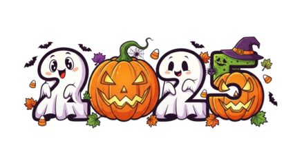 Cute Halloween 2025 illustration with cheerful ghosts, jack-o'-lanterns, bats, and candy corn, perfect for festive holiday designs and new year celebrations.. isolated on transparent background