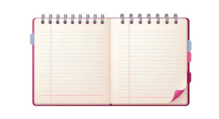 Open Spiral Notebook with Blank Lined Pages, Page Tabs, and Curled Corner, Isolated on Transparent Background. isolated on transparent background. PNG Isolated Transparent