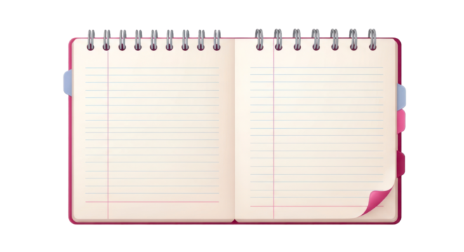 Open Spiral Notebook with Blank Lined Pages, Page Tabs, and Curled Corner, Isolated on Transparent Background. isolated on transparent background. PNG Isolated Transparent