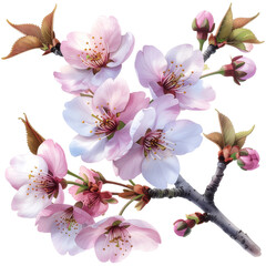 Cherry blossom branch illustration with pink and white flowers buds and leaves on black background