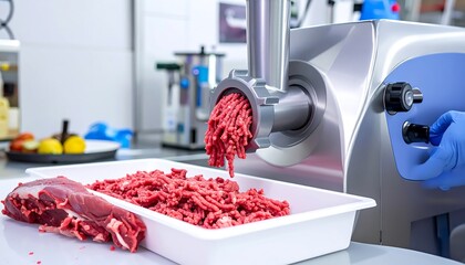 Freshly ground meat in a modern food processing facility