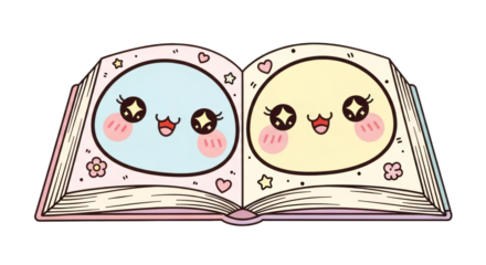 Whimsical Open Book with Adorable Smiling Faces and Kawaii Decorations. isolated on transparent background. PNG Clipart Transparent