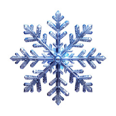 Detailed illustration of a six-pointed blue and silver snowflake on a black background