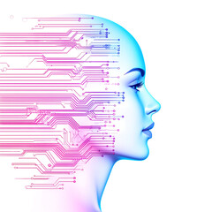 Digital woman profile with circuit board pattern merging with face against black background futuristic concept