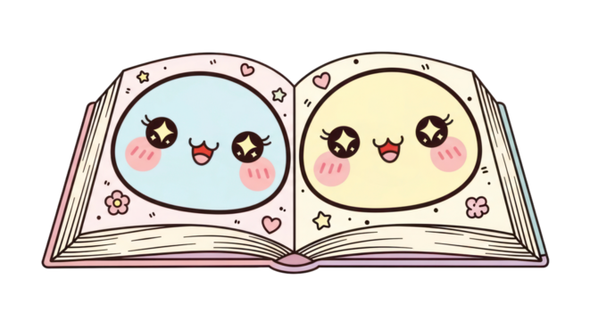 Whimsical Open Book with Adorable Smiling Faces and Kawaii Decorations. isolated on transparent background. PNG Clipart Transparent