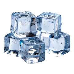 Five transparent ice cubes stacked against a black background showing water droplets and condensation