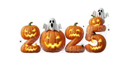 Halloween 2023 Greeting with Jack-o'-lanterns, Ghosts, and Spiders on a Transparent Background. isolated on transparent background. PNG Cut Out Transparent