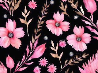 Watercolor floral pattern on black background