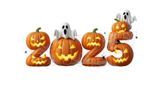 Halloween 2023 Greeting with Jack-o'-lanterns, Ghosts, and Spiders on a Transparent Background. isolated on transparent background. PNG Cut Out Transparent