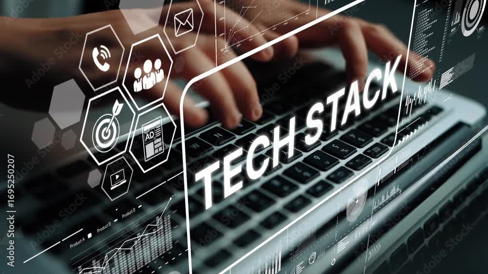 Aufkleber hands typing on laptop keyboard with technology icons representing modern tech stack elements for di