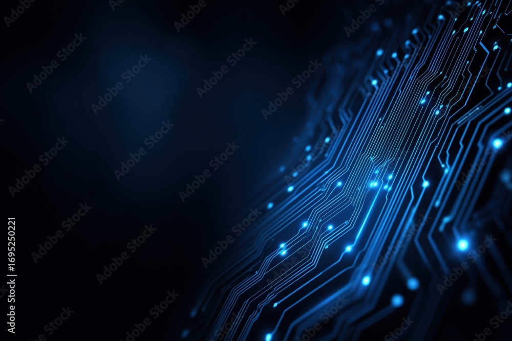 Poster abstract blue circuit board background vector illustration with glowing lines on a dark black backgr