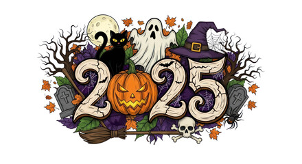 Festive Halloween 2025 Illustration with Spooky Jack-o'-lantern, Ghost, Black Cat, Witch' Hat, and Autumn Elements. isolated on transparent background. Transparent Object PNG