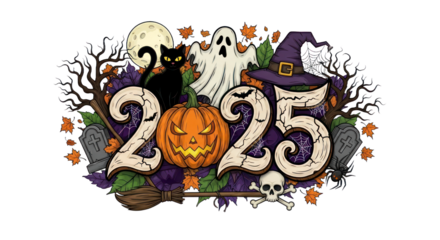 Festive Halloween 2025 Illustration with Spooky Jack-o'-lantern, Ghost, Black Cat, Witch' Hat, and Autumn Elements. isolated on transparent background. Transparent Object PNG
