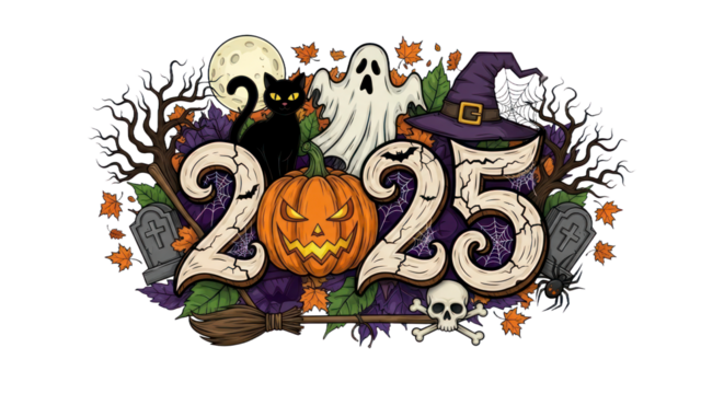 Festive Halloween 2025 Illustration with Spooky Jack-o'-lantern, Ghost, Black Cat, Witch' Hat, and Autumn Elements. isolated on transparent background. Transparent Object PNG