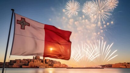 maltese flag with vibrant fireworks illuminating skyline of valletta at dusk. malta national celebration, malta independence day. travel and tourism, event promotion.