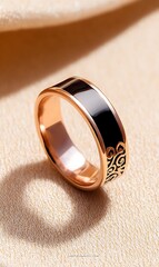 
Rose Gold and Black Enamel Ring on Beige Background
