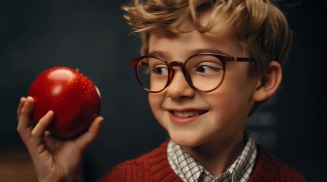 Cute boy hands a red apple to the teacher from the teacher's point of view. Teacher&rsquo;s pet in a classroom setting.