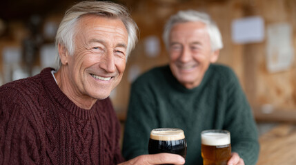 Companions of the older generation enjoying drinks together in a cozy setting