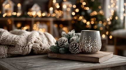 Cozy Holiday Setting with Candle and Pinecones