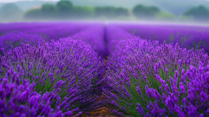 Obraz premium Lavender flower field in bloom. Rows of purple flowers stretching into the distance with a blurred background. Rural landscape agriculture