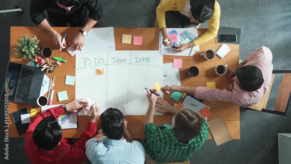 Aufkleber top down aerial view of diverse business team making scrum task board at meeting room. group of smar