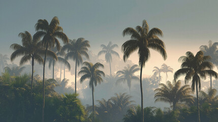 Obraz premium Lush green palm trees in a tropical jungle during sunrise, misty morning light. Exotic travel destination and holiday escape for relaxation