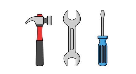 Illustration of a hammer, wrench, and screwdriver arranged vertically on a white background design tools
