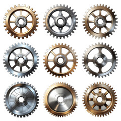 Nine Metallic Gear Wheels in Various Colors and Designs on a Black Background Mechanical Engineering Concept