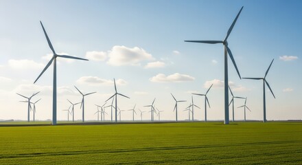 Expansive wind farm generating clean energy under a bright blue sky with fluffy clouds