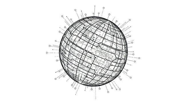 Abstract global communication network outline with data nodes and connections, a futuristic